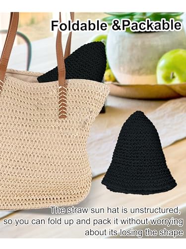 Womens Sun Hat Handmade Straw Bucket UV Protection Travel Summer Beach Cap - color: Black