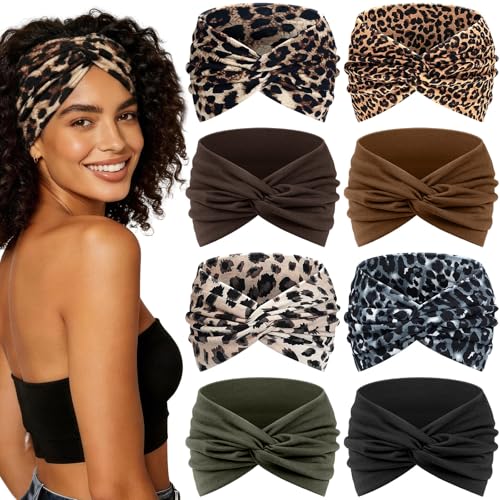 Awumbuk Wide Headbands for Women, 7.08 Inch Thick Boho Turban Style Hair Wraps, Non-Slip Moisture-Wicking Workout Headband for Sports, Yoga, Daily Fashion, 8 Pack Multi Colors (Military green) - color: Military green