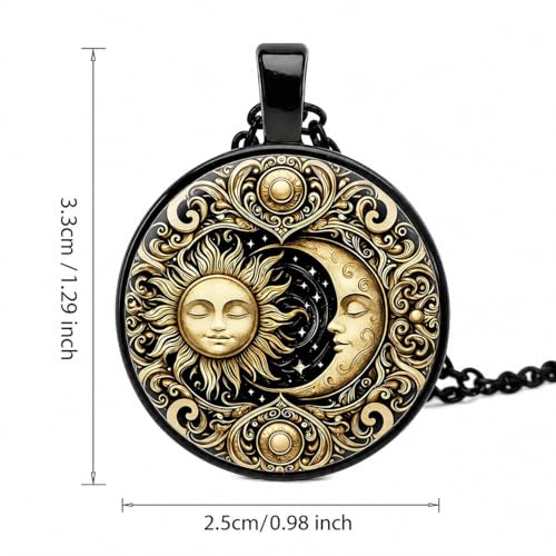 1pc Stunning Round Pendant Necklace - Unique Sun & Moon Pattern, Oil Painting Style Glass Mosaic, Alloy Construction, Trendy Sweater Chain, Fashionable Gift for Women - Christmas or Birthday Gift - color: Gray Moon (Black)