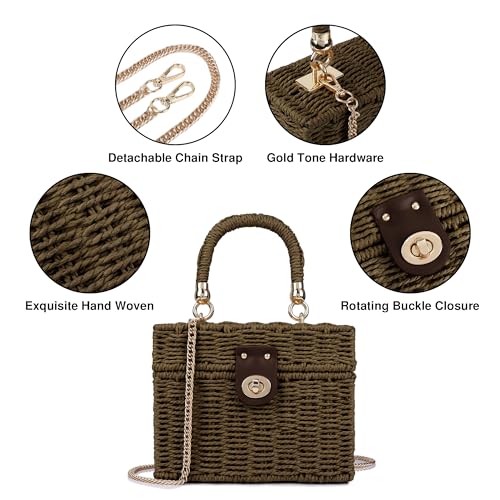 Handwoven Rattan Bag for Women Wicker Crossbody Shoulder Bag Straw Beach Tote Bag Top Handle Satchel Handbag with Chain Strap - color: Dark Brown