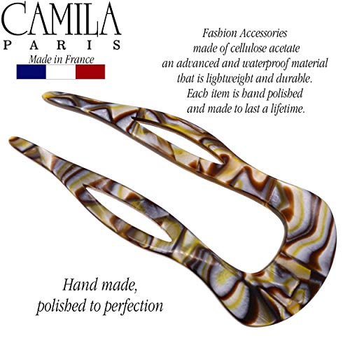 Camila Paris CP2484 French Twist Stick Clip Pins, Handmade, Onyx, Girls Hair Pin U-Shaped Hair Fork for Girls Spiral Updo Chignon Bun Holder, Fashion Styling Hair Accessories for Women, Made in France - color: 2-Prong Onyx
