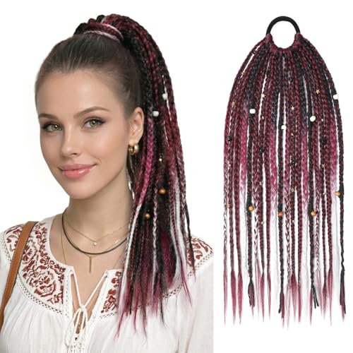SEIKEA Boho Braided Ponytail Extension on Hair Tie, 16" Full Volume Lightweight Viking Dreadlock Ponytail Braid in Dreadlock Extensions with Beads and Shells, Festival Hair Accessories for Women Girls - color: Midnight Burgundy Blend