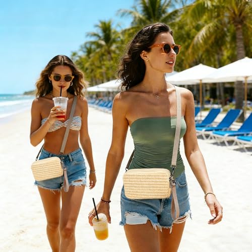 Small Wristlet Wallet for Women, 3-Zip Crossbody Phone Purse - color: Natural/Pp Straw