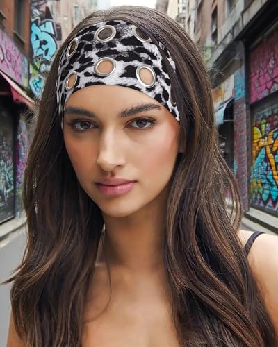 AWAYTR Women Hollow Out Eyelet Elastic Headband Y2K Wide Grommet Hairband Punk Grunge Wide Band for Girls (Deep Coffee/2 Leopard print, One size) - color: Deep Coffee/2 Leopard print