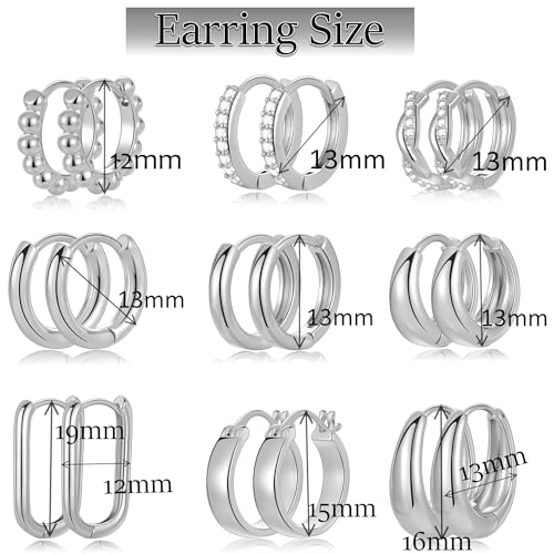 9 Pairs Small Gold/Silver Hoop Huggie Earrings Set for Women, 14K Gold Plated Chunky Hoop Small Earring Hypoallergenic Thick Open Lightweight Chunky Hoop Earrings Jewelry for Gifts - color: silver-standard