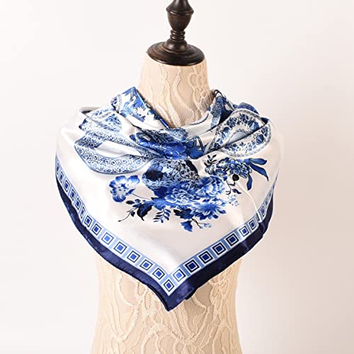 35 x 35 Women's Fashion Pattern Large Square Silk Like Hair Scarf Head Sleeping Wrap Satin Neck Bandana for Gift… - color: Blue and White Porcelain-navy Blue