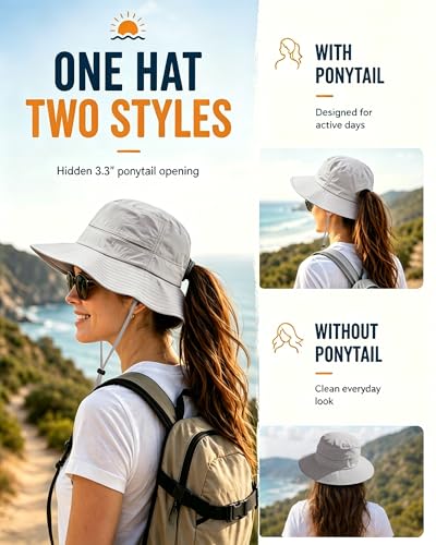 Womens Ponytail Sun Hat Packable UPF50+ Waterproof Bucket Hat Hiking Fishing Safari Hat Foldable Beach Hat - color: Griege