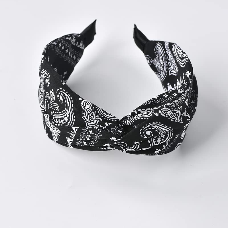 Boho Black Paisley Knotted Headband - Wide Twisted Knot, Non-Slip Bandana for Women and Girls' Hair - color: black