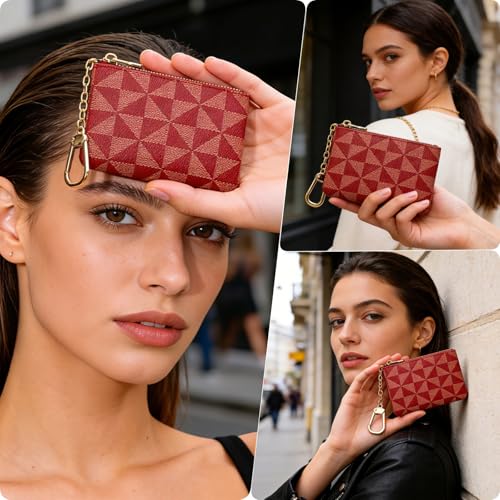 Leather Coin Purse for Women with KeyChain Small Zipper Change Purse coin Pouch Card Holder Wallet Clutch for Women & Men(Claret) - color: Claret