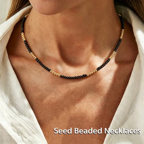Tgirls Boho Choker Necklace Chain Rice Beaded Necklaces Seed Bead Necklace Accessory for Women - color: Black Gold