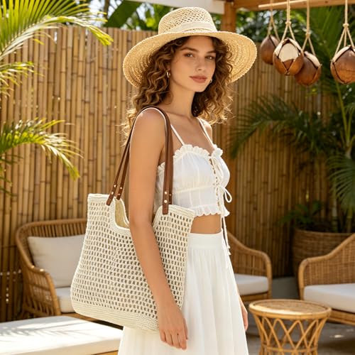 GOKTOW Crochet Beach Bag Women Woven Tote Handbag Casual Boho Bags Large Shoulder Purse For Summer Vacation Travel - color: Beige