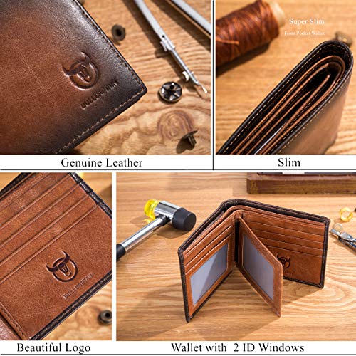 BULLCAPTAIN RFID Wallets for Men,Genuine Leather Wallet QB-05 (Brown) | Slim,Bifold,Front Pocket Wallet, 2 ID Windows,11 Card Slots,RFID Blocking Technology,Gift Choice - color: Brown