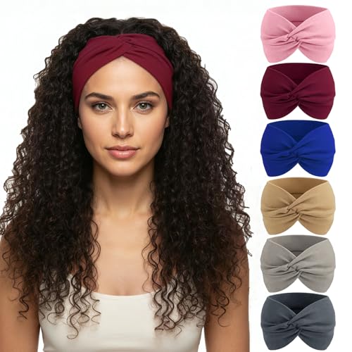 obeoby 6 Inch Cotton Wide Headbands for Work,Daily Life, Boho Outfits, Large African Hair Wrap 6 Pack Non Slip Turban Hair Bands - color: Bright color series