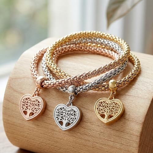 Aphrodite's Tree of Life Heart Edition Charm Bracelet with Austrian Crystals – Gold, Silver & Rose Gold Plated Popcorn Chain Bracelet Set for Women