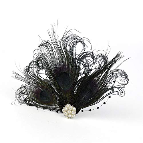 Fascinator Peacock Feather Hair Clips Flapper Headband Art Deco 20's Accessories for Women - color: 05black