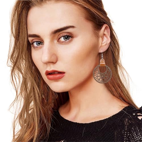 Handmade 70s 80s Retro Leather Round Hollow Wooden Flower Dangle Drop Earring Unique Lightweight Flower Hook Earrings For Women