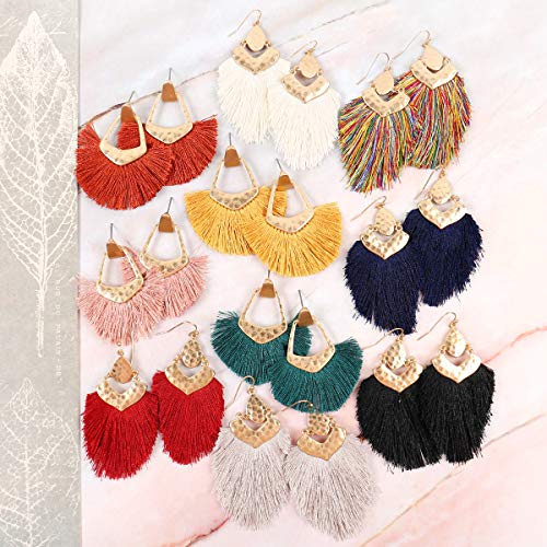 Bohemian Silky Thread Fan Fringe Tassel Statement Earrings - Lightweight Strand Feather Shape Dangles - color: Bohemian Fringe - Red