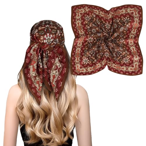 Relang Fashion Silk Satin Head Scarf for Women Hair Bandana Hair Scarf Wrap Neck Scarf for Women 27.5×27.5 inches - color: Brown and Red 02