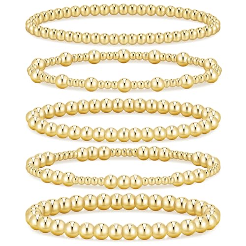 Gold Beaded Bracelets for Women, 14K Real Gold Plated Jewelry for Women Dainty Pearl Bead Bracelets Stack, Non Tarnish Trendy Stackable Ball Cross Stretch Bracelet Set Fashion Accessories Gifts - color: 5 PCS gold bead