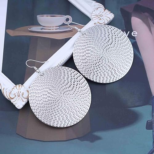 Boho Texture Disc Earrings - Gold Coin Vintage Drop Earrings, Hammered Round Circle Dangle Jewelry for Women - color: Silver