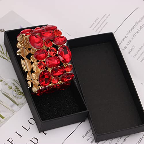 Women’s Wedding Bridal Crystal Leaf Flower Stretch Bangle Elastic Wide Bracelet Jewelry for Brides Bridesmaid - color: Red-Gold Plated