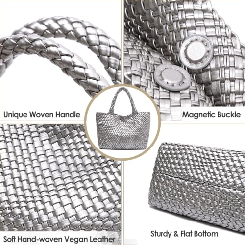 Handmade Woven Tote Bag for Women, Soft Vegan Leather Shoulder Bag with Purse, Large Travel Handbag - color: Silver