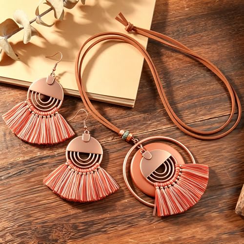 Wooden Leather Necklaces Set Bohemian Wood Stack Discs Long Chain Hemp Rope Bronze Plated Pendant Ethnic Tribal Fall Leaf Earrings Jewelry Statement Necklace - color: R-034