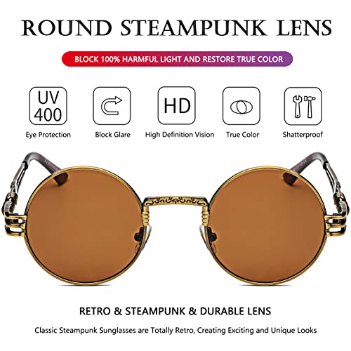 AIEYEZO Round Steampunk Sunglasses for Men Women Retro Circle Hippie Glasses Metal Frame 100% UV Blocking Lens - color: Bronze/Brown