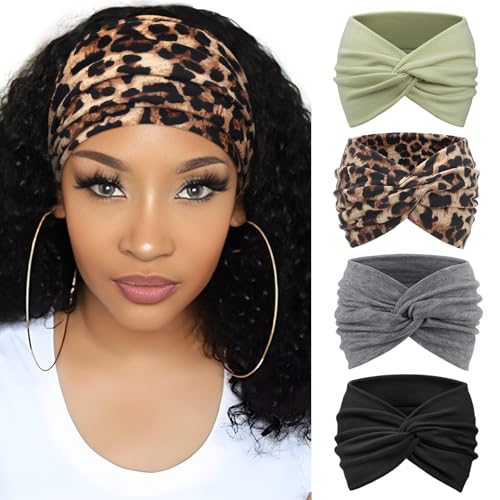 AQOKKA Extra Wide Headbands for Women Large Turban Headband Non Slip Boho Elastic Hairband Hair Twisted Knot Head Bands Accessories - color: 4 Pcs: Yellow Leopard, Dark Grey, Green, Black