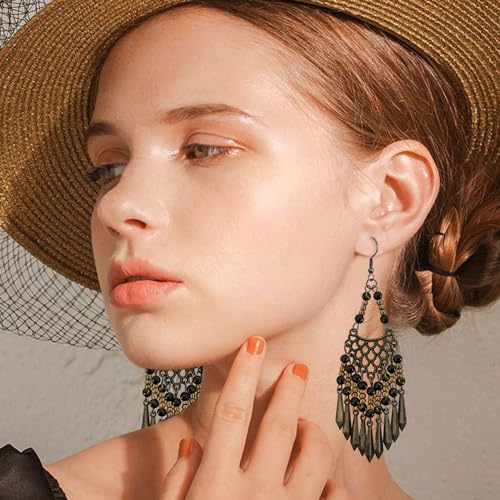 Handmade Vintage Bronze Bohemian Long Tassel Colorful Bead Dangle Drop Earrings Big Tribal Chandelier Geometry Hook Earrings for Women Statement Jewelry Gifts - color: Black