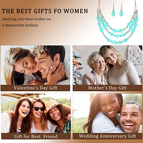 3 Layered Chunky Statement Necklace for Women Beaded Strand Necklaces with Earring Fashion Costumes Collar Necklace Jewelry Sets Gifts for Women - color: Turquoise