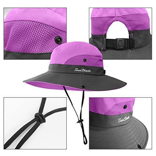 3 Pieces Womens Ponytail Wide Brim Sun Hat Packable UV Protection Beach Cap for Fishing & Hiking - color: Purple＆orange＆sky Blue