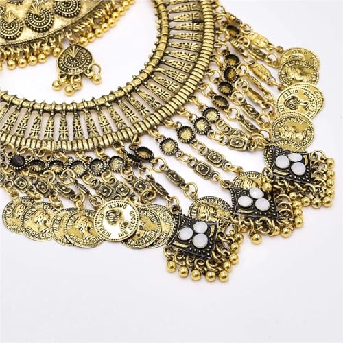 Vintage Gold Gypsy Bib Necklace, Multi-Layer Moon Pendant with Long Tassel, Afghan Ethnic Choker
