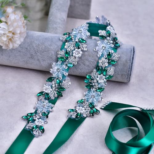 Rhinestone Wedding Bridal Belt for Women Formal Dress Handmade Crystal Beading Wedding Sash Belt - color: Green