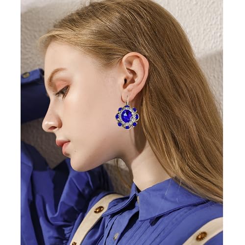 Handmade Bohemian Vintage Gold Sparkly Crystal Round Flower Leverback Earrings Cute Rhinestone Geometry Dangle Drop Earring for Women - color: Royal Blue