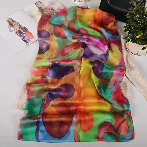 100% Mulberry Silk Women's Neck Silk Scarf-Lightweight Shawl,FLoral Print Beach Silk Wrap-Scarves for Photography - color: Rainbow-color
