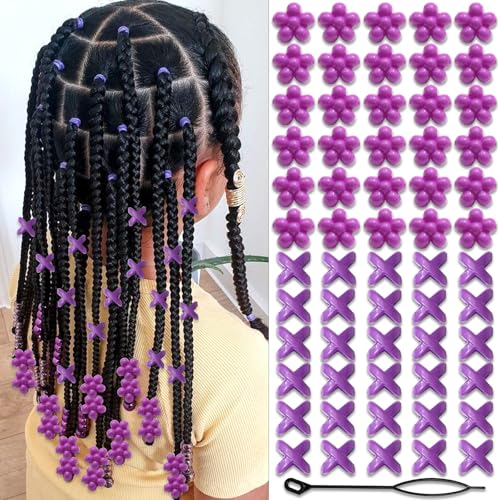 NAISKA 60Pcs Purple Flower Kids Hair Beads Tiny Hair Beads for Braids Cute Beads for Hair Small Pony Loc Beads Acrylic Dreadlock Beads Braid Clips Accessories for Girls - color: Purple