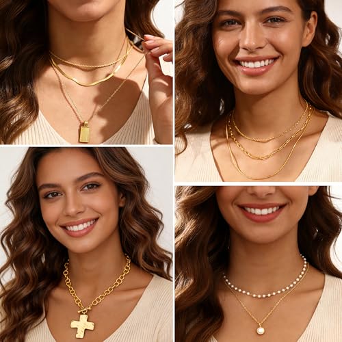 FAXHION 68 Pcs Gold Jewelry Set for Women with 7 Necklace, 17 Bracelet, 5 Hoop Earrings, 15 Stud Earrings, 24 Knuckle Rings for Women Jewelry Set for Women Gift - color: chunky jewelry pack