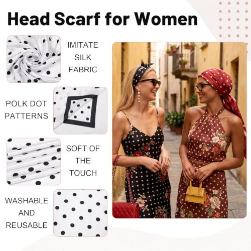 JATEBI 27''/35'' Women Large Satin Scarf Silk Feel Square Wraps Big Hair Bandanas Vintage Print Solid Color Bandana Scarves - color: Beige, Black, Red, Brown, White, Green Polka Dots, size: 35'' Large