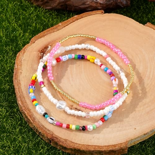 Dainty Gold Plated Tiny Ball Colorful Beaded Stack Bracelets Sets for Women,3Pcs Stackable Cute Bracelet Stretch Trendy Ball Jewelry Friendship Gift - color: pearl