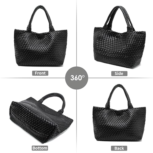 Handmade Woven Tote Bag for Women, Soft Vegan Leather Shoulder Bag with Purse, Large Travel Handbag - color: Black