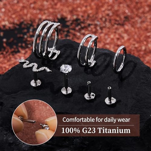 G23 Titanium 3PCS/7PCS 16G Cartilage Double-Hoop Helix Conch Piercing Jewelry With Cubic Zirconia Flat Back Stud Earrings Set For Women Men - color: B-7PCS-Silver-16G