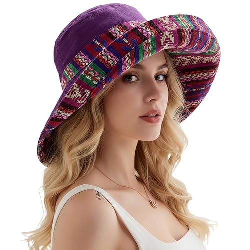 Wide Brim Sun Hat for Women Reversible Beach Hats Metal Wired Edge Gardening Hats, UPF 50+ Bucket Summer Hat - color: Purple Boho-style