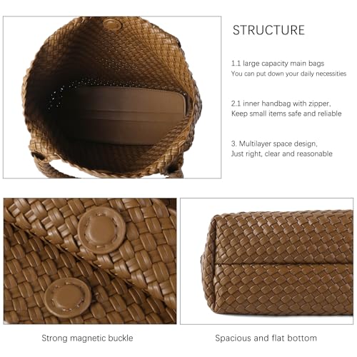 Hand Woven Bag Tote BagS For Women Top Handle Shoulder Vegan Leather Large Travel Beach Hobo Handbag - color: Brown