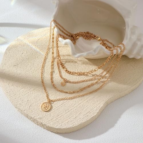 GIGB PBDK Layered Necklaces for Women Dainty 14K Gold Coin Sun Pendant Necklace Exaggerated Stackable Figaro Choker Necklace Trendy Birthday Jewelry Presents - color: Gold