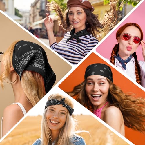 PLULON Bandanas for Men Women 4/12/24/30 Pack, Paisley Pattern Bandana Bulk Headbands Handkerchief Face Mask 100% Polyester - color: Black
