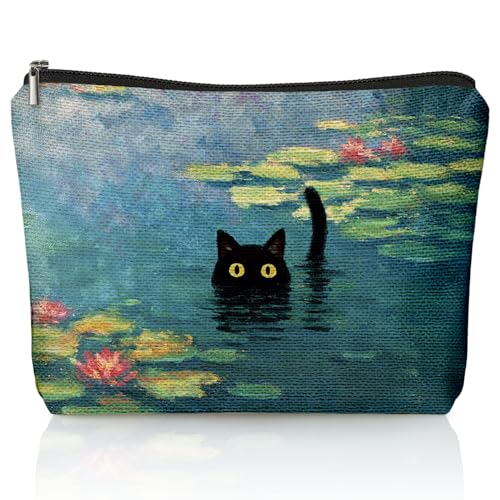 Black Cat Makeup Bag, Black Cat Mom Lovers Lady Gifts Cosmetic Bag for Women, Pet Lover Gifts, Impressionist Whimsical Waterlily Kitten Small Toiletry Bags Zipper Makeup Pouch - color: 02-Cat(00)