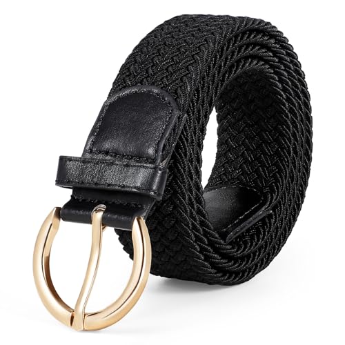 JASGOOD Women Men Braided Woven Elastic Stretch Waist Belt Golf Canvas Fabric Casual Belt for Jeans Pants - color: C-black, size: Fit Size 38"-42"