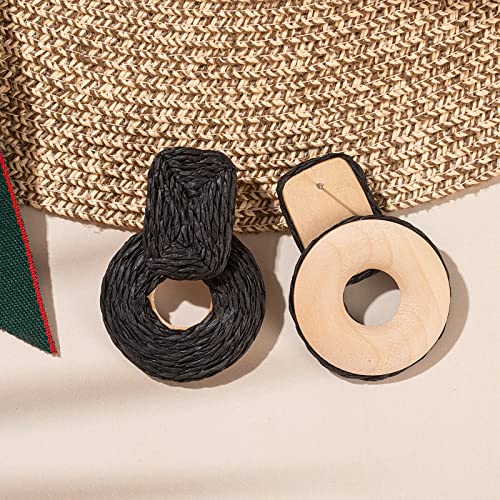 Statement Raffia Earrings Cute Boho Earrings Rattan Dangle Earrings Handmade Straw Wrap Earrings Summer Drop Dangling Earrings for Women Teen Girls - color: Black2