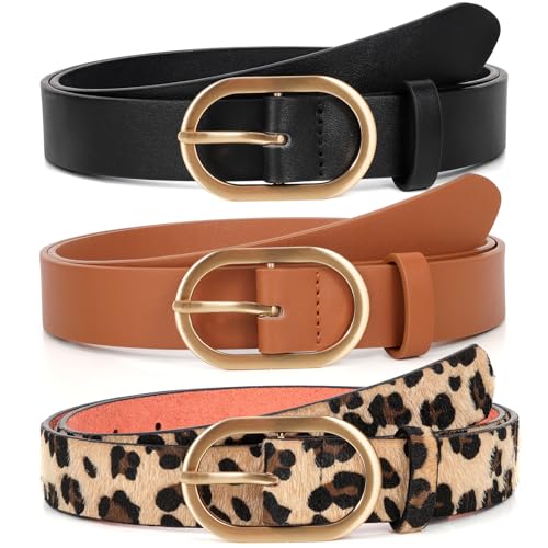 XZQTIVE 3 Pack Plus Size Women's Leather Belts for Jeans Pants Dress Fashion Gold Buckle Ladies Waist Belt - color: F-black+brown+leopard, size: X-Large: fits waist from 42"-47"